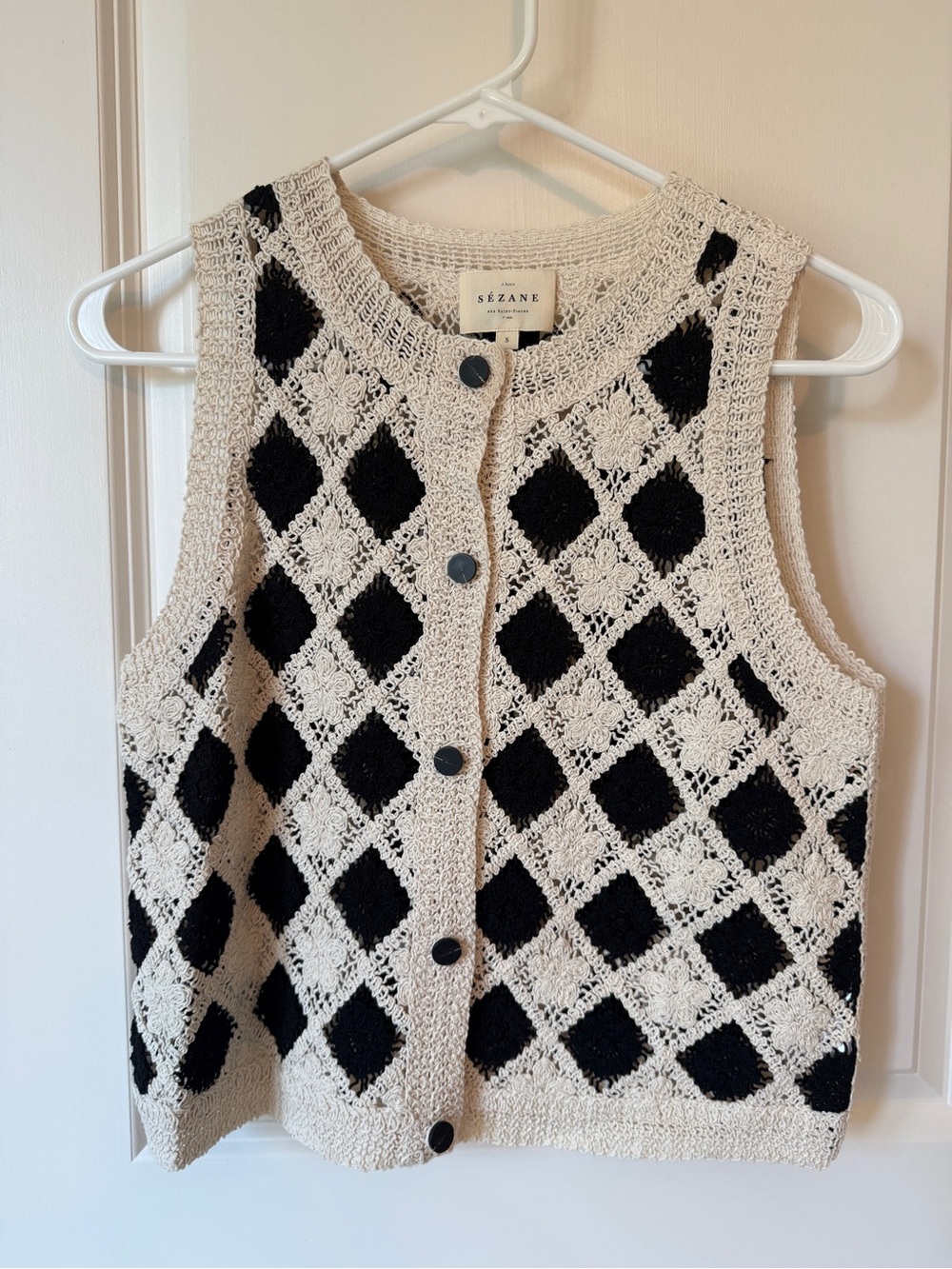 Sezane Black and Cream Crochet Diamond Button-Front Vest